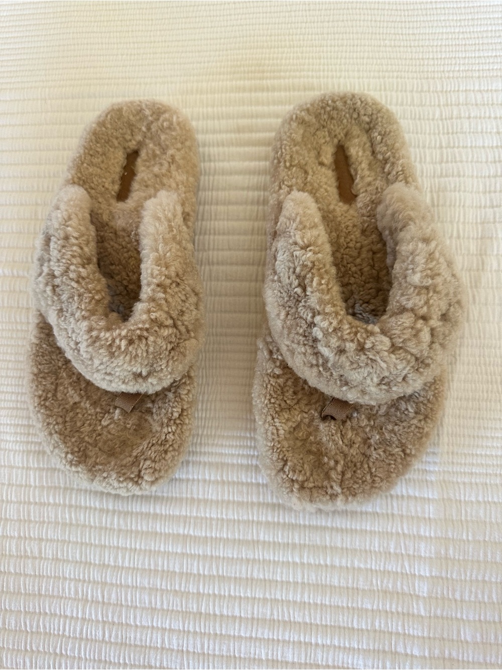 OluKai Plush Shearling Flip Flop Slippers - Beige